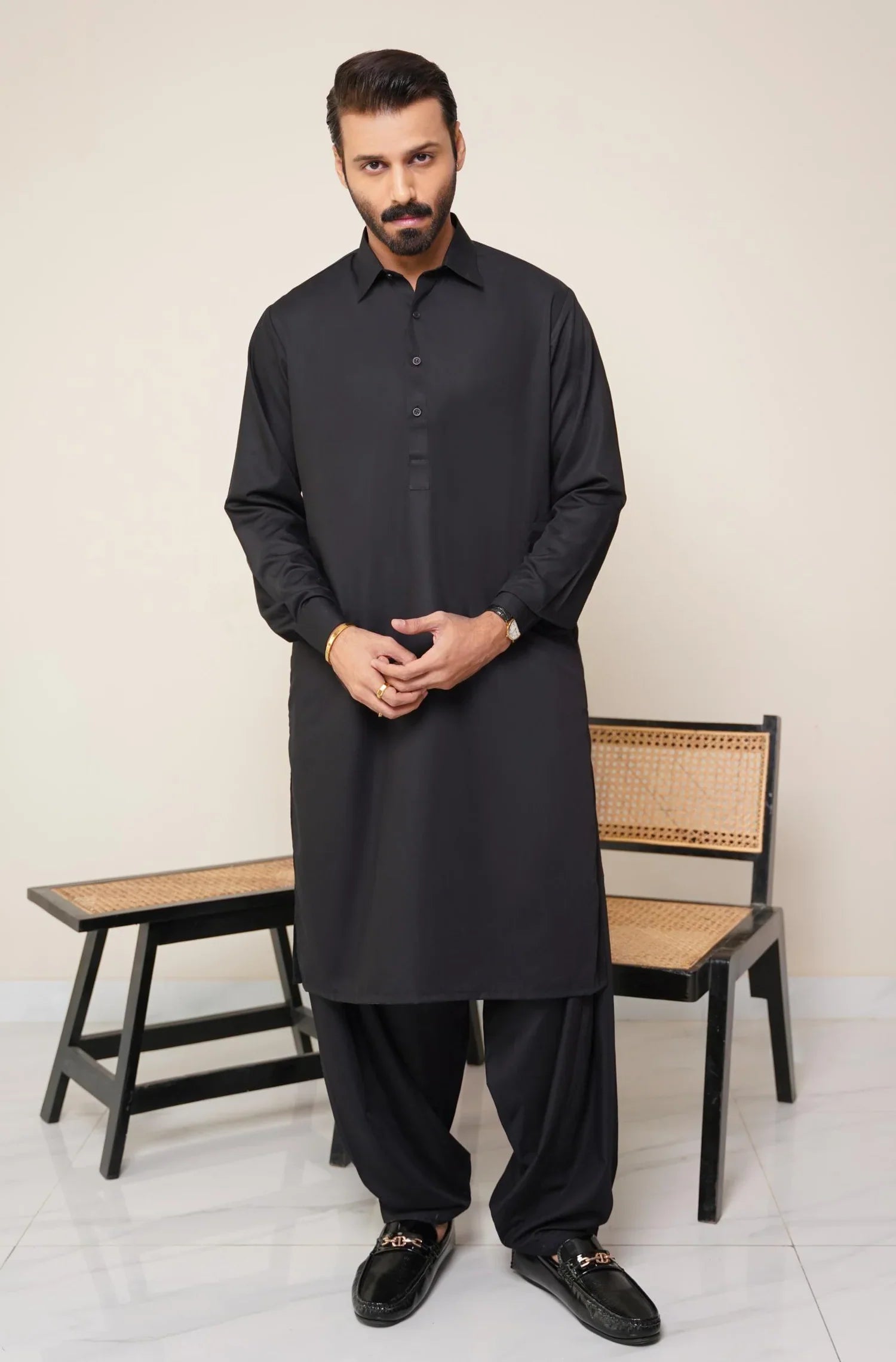 Jet Black Classic Kameez Shalwar – Unstitched (Men)