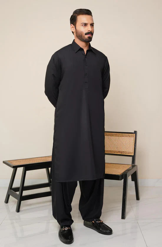 Jet Black Classic Kameez Shalwar – Unstitched (Men)