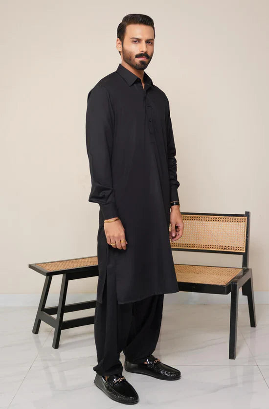 Jet Black Classic Kameez Shalwar – Unstitched (Men)