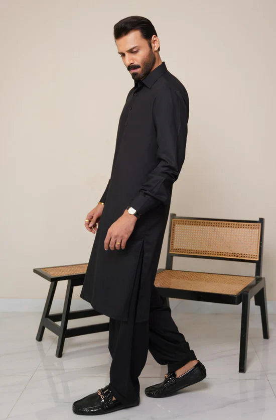 Jet Black Classic Kameez Shalwar – Unstitched (Men)