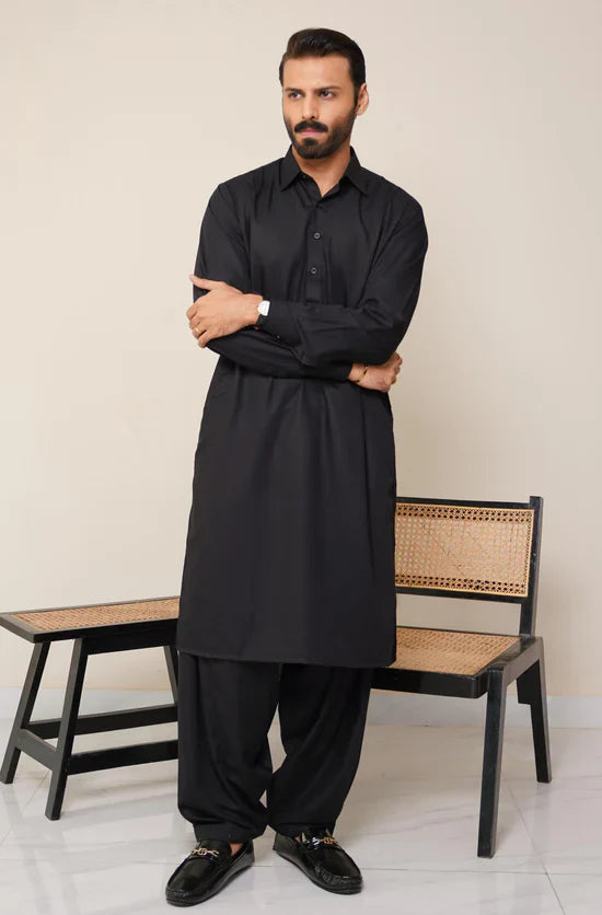 Jet Black Classic Kameez Shalwar – Unstitched (Men)