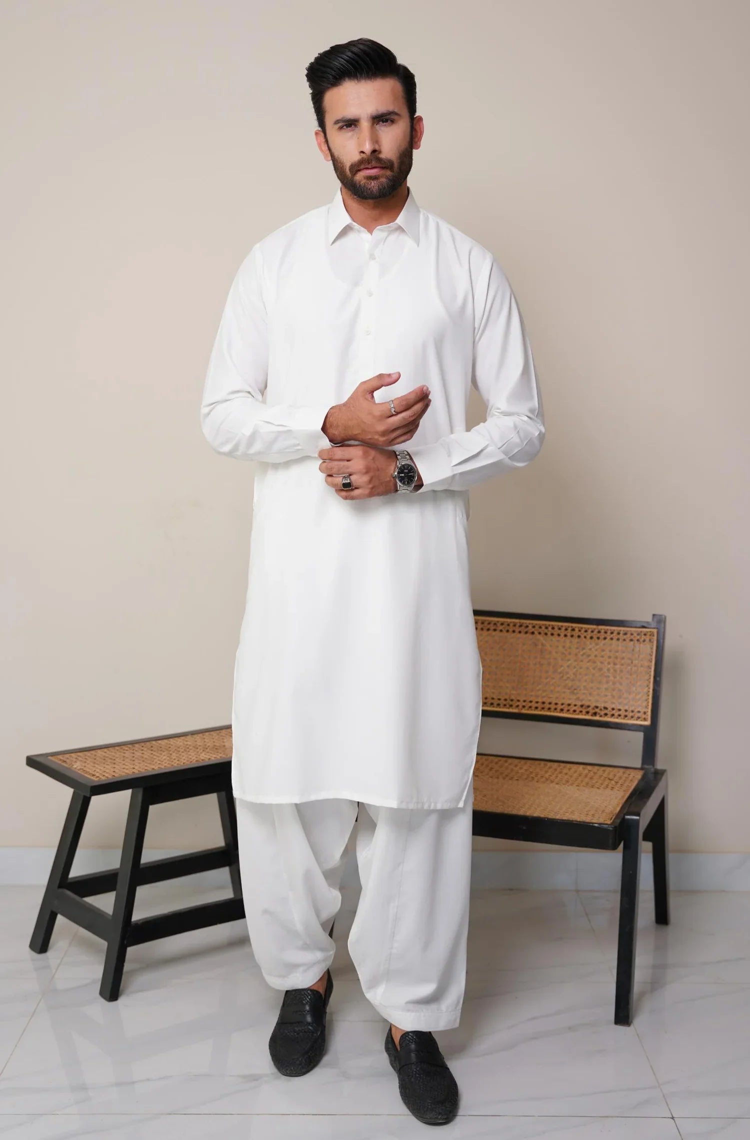 Cloud White Classic Kameez Shalwar – Unstitched (Men)