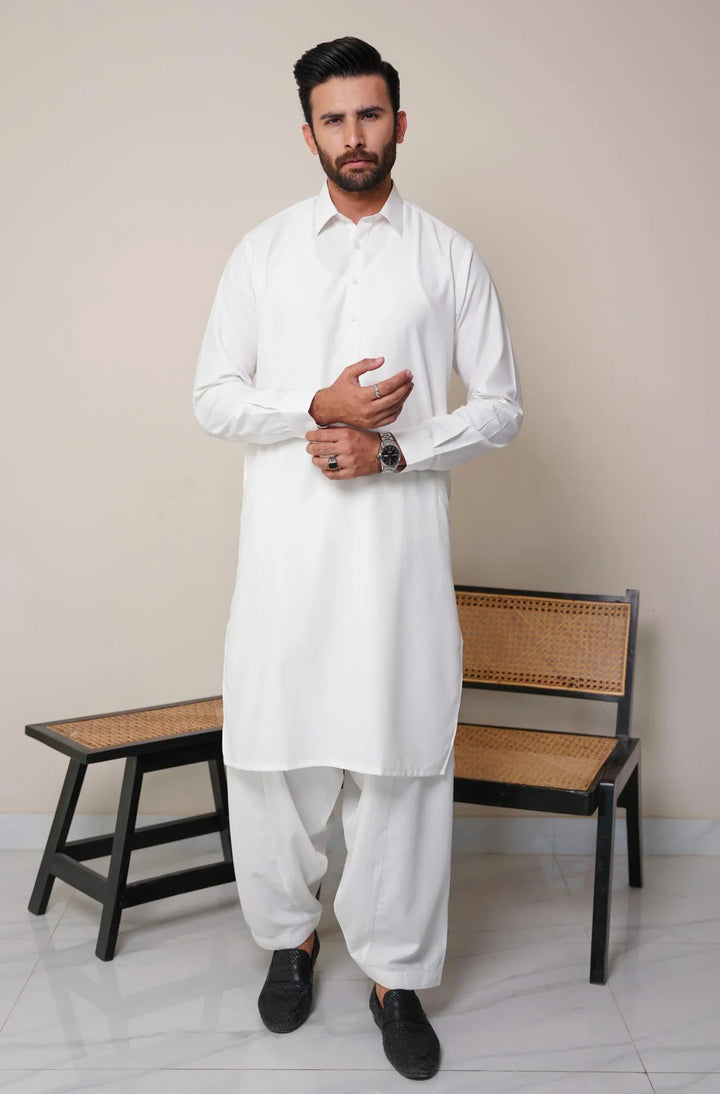 Cloud White Classic Kameez Shalwar – Unstitched (Men)