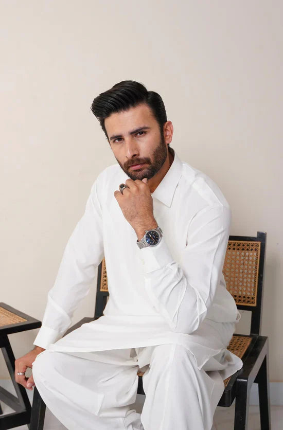 Cloud White Classic Kameez Shalwar – Unstitched (Men)
