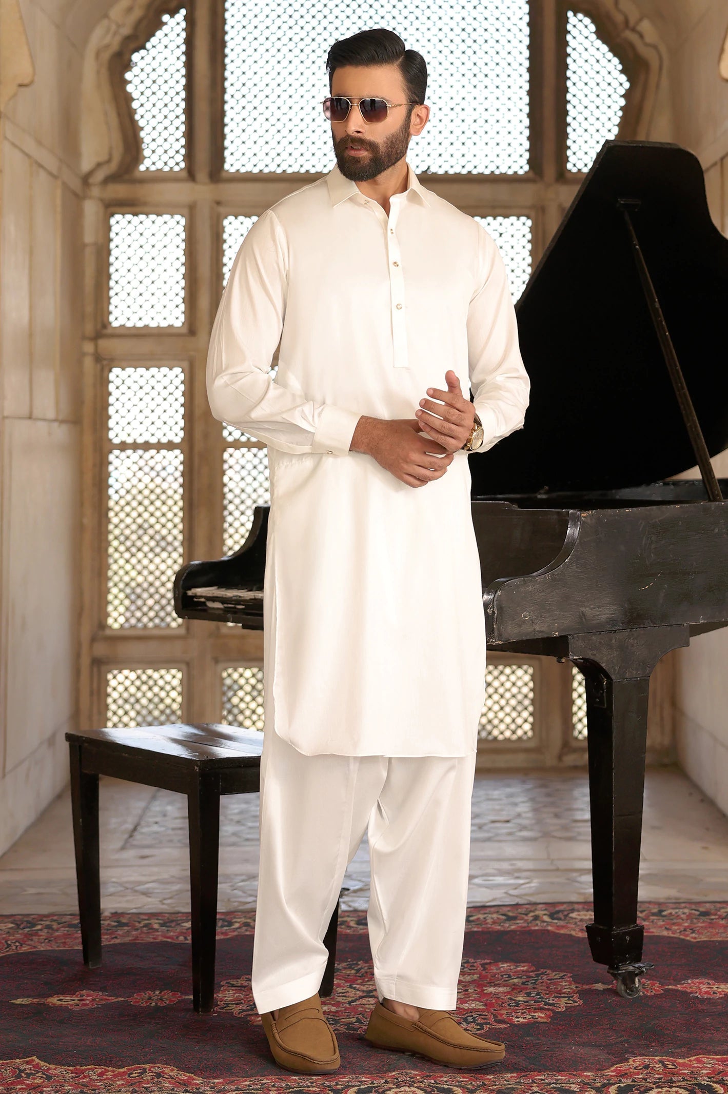 Alkaram – Premium Unstitched OFF-White Cotton Suit for Men
