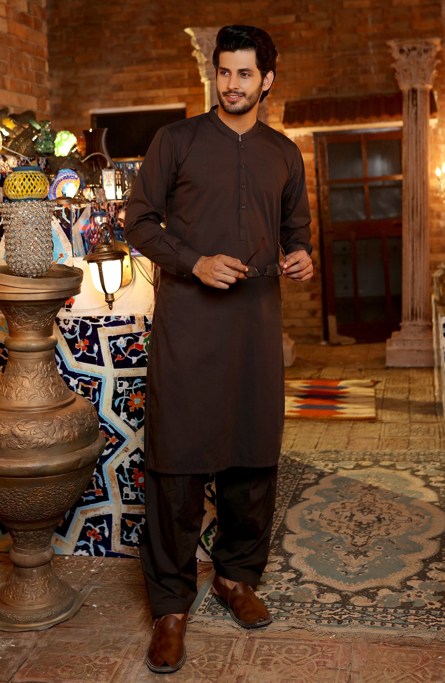 Alkaram – Premium Unstitched Dark Brown Cotton Suit for Men