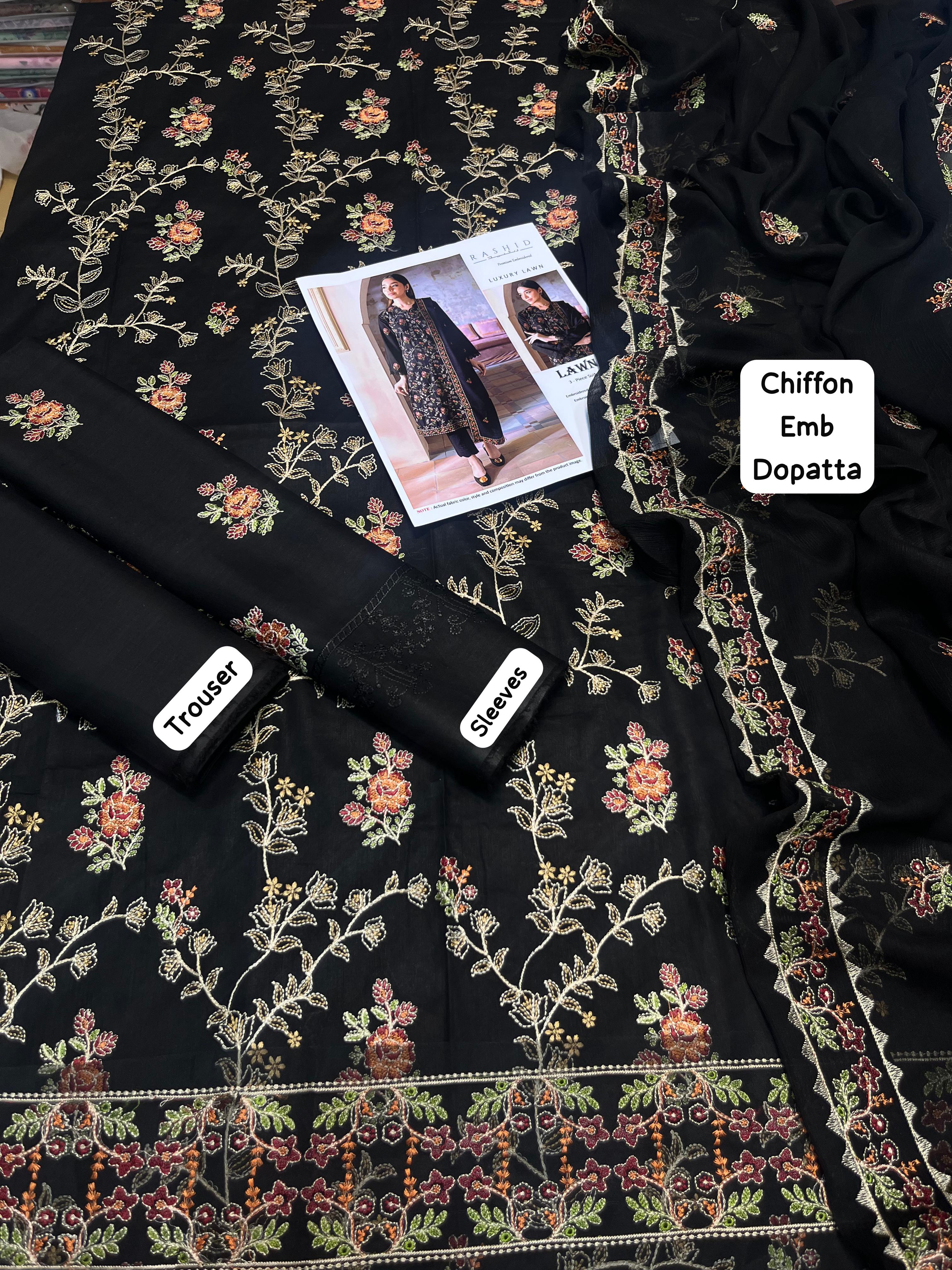 3 Piece Lawn Suit-Embroidered with chiffon dupatta